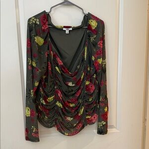 Bar III Floral Drape Blouse - Red and Green